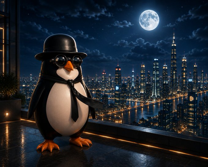 A penguin wearing a black bowler hat, sunglasses, and a necktie stands on a rooftop overlooking a moonlit city skyline with a river and bridge.