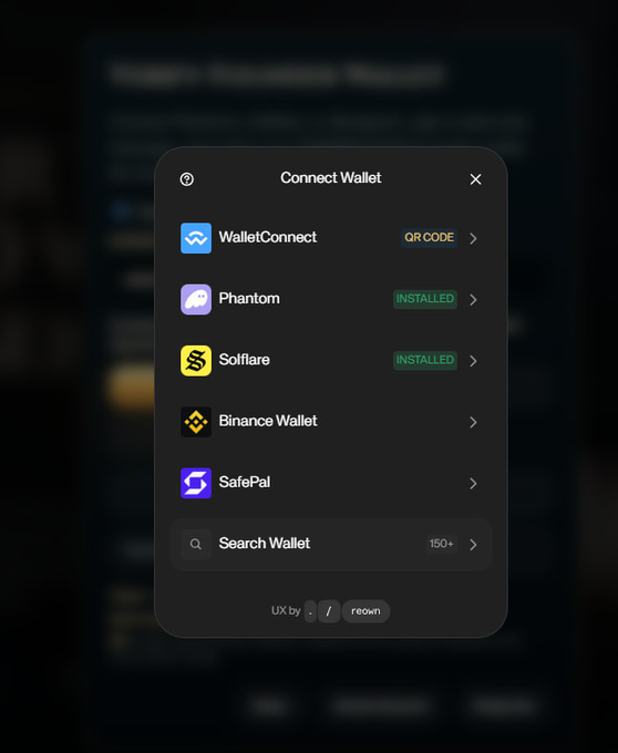 A black screen displays a list of wallet options, including Bitcoin, Binance, and SafePal, with their respective symbols and descriptions.