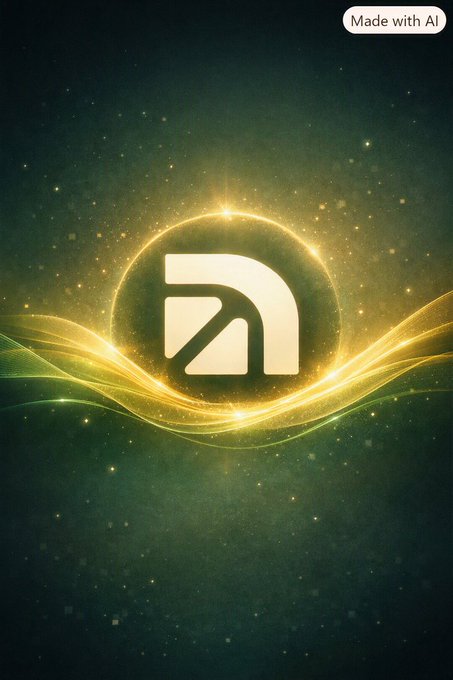 An AI-generated image showing a stylized logo with flowing golden waves against a green cosmic background, labeled "Made with AI" in the top right.