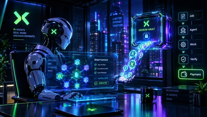 A futuristic sci-fi illustration of an AI robot working at a glowing holographic interface, with on-screen text including 'AI AGENTS REAL WORK ONCHAIN PAYMENTS', 'SMART CONTRACT', and 'ESCROW VAULT'.