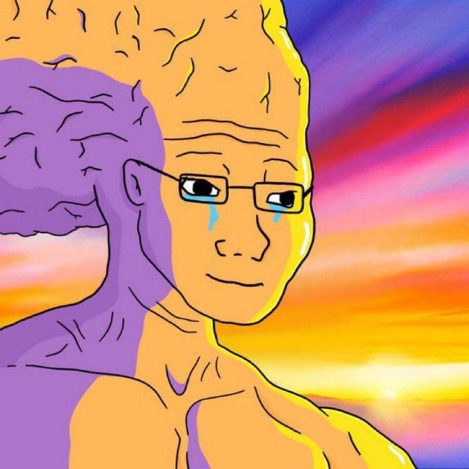 The image features a cartoon depiction of an older man with glasses, possibly wearing a wig or a large headdress, standing against a colorful sunset background. The caption below the image reads "just realized that Michael Saylor has no $WOJAK to sell." This suggests that someone might have noticed the humorous and unusual nature of the drawing, which features a character resembling Michael Saylor in terms of his appearance or attire.