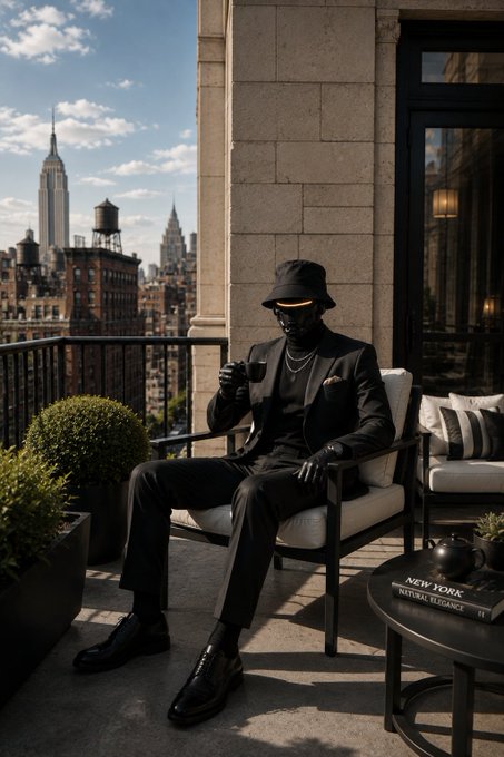 A stylized illustration of an entirely black-suited figure wearing a bucket hat and sunglasses, holding a coffee cup on a balcony with a New York City skyline, alongside a book titled 'NEW YORK NATURAL ELEGANCE'.