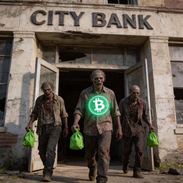 Three decayed zombie-like figures walk out of an abandoned 'CITY BANK' carrying green bags, with the central zombie wearing a glowing Bitcoin (₿) symbol on its chest.
