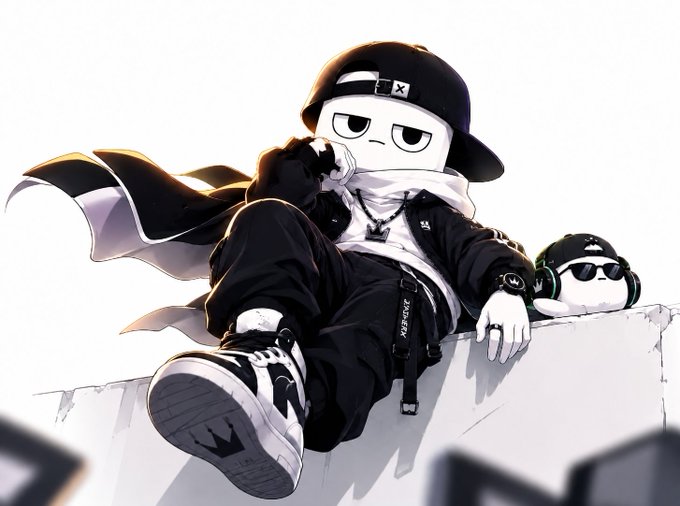 An illustration of a stylized character in a streetwear outfit, wearing a black cap, white scarf, and black jacket, sitting on a ledge with sneakers visible.