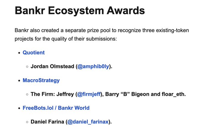 An informational graphic titled 'Bankr Ecosystem Awards' listing prize pool recognition for projects including Quotient (Jordan Olmstead), MacroStrategy, and FreeBots.lol / Bankr World (Daniel Farina).