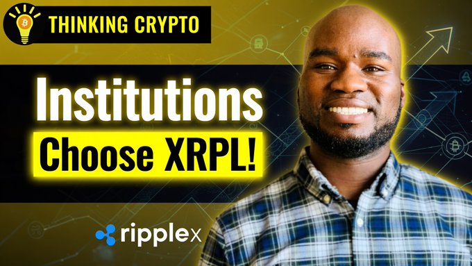 The image features a man wearing a plaid shirt with the text "Institutions choose xrpl!". The man appears to be smiling, possibly indicating that he is excited about the development of the XRP Ledger by institutions. The background of the image shows various symbols and logos related to RippleX, suggesting that this post might be promoting RippleX's services or products.