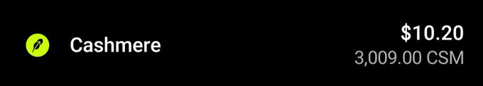 A black digital display showing a Cashmere (CSM) cryptocurrency price of $10.20, equivalent to 3,009.00 CSM tokens.