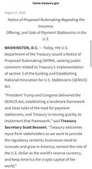 A scanned document showing a press release dated August 13, 2024 from the U.S. Department of the Treasury regarding the Office of Proposed Rulemaking on 'Notice of Proposed Rulemaking Regarding the Reporting, and Sale of Payment Stablecoins in the,' signed by Secretary Scott Bessent.