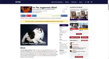 The image shows a KYMI blog post featuring the meme "I'm The Juggernaut, Bitch!" with text explaining that the $JUGGERNAUT video is a viral meme associated with the literal movie character Juggernaut for a class fun, noting that the meme originated from the classic internet parody of Marvel's X-Men villain Juggernaut from the early 2000s.