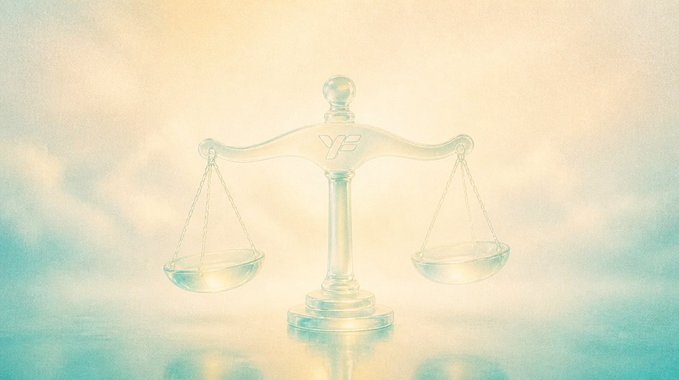 A translucent glass scale of justice with the Libra zodiac symbol on its center pillar, set against a soft pastel sky background.