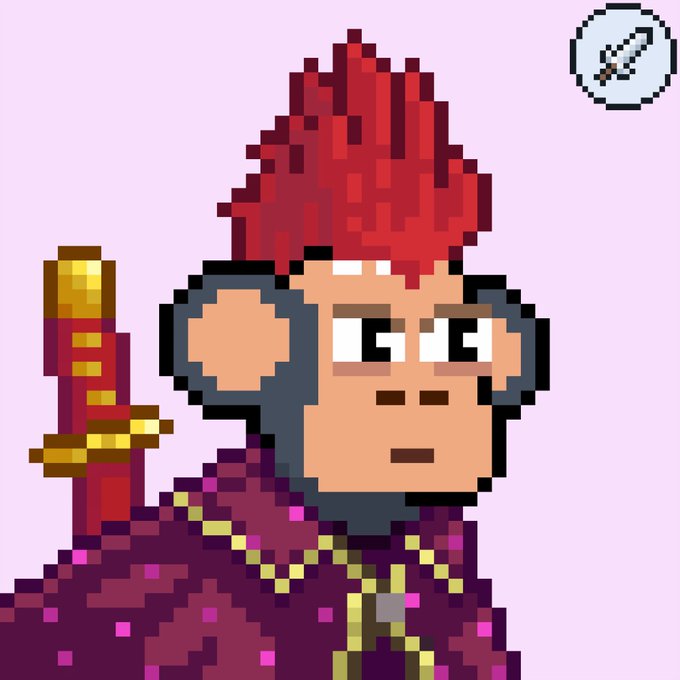 A pixel art character featuring a red-mohawked monkey with large gray ears, adorned in a purple robe with gold chains and holding an ornate sword, set against a light pink background. The "edit" icon in the top right and style align with the post's reference to ChimpersHQ as top-tier pixel art in the web3 space.
