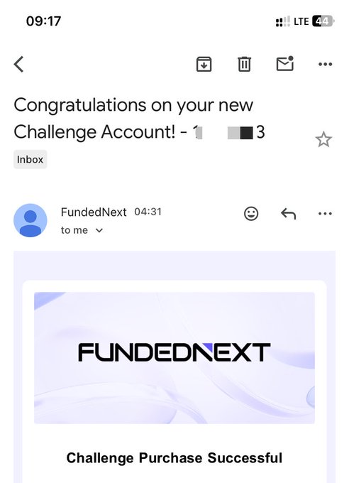 A screenshot of an email from FundedNext with the subject 'Congratulations on your new Challenge Account!', showing 'Challenge Purchase Successful' on the email banner.