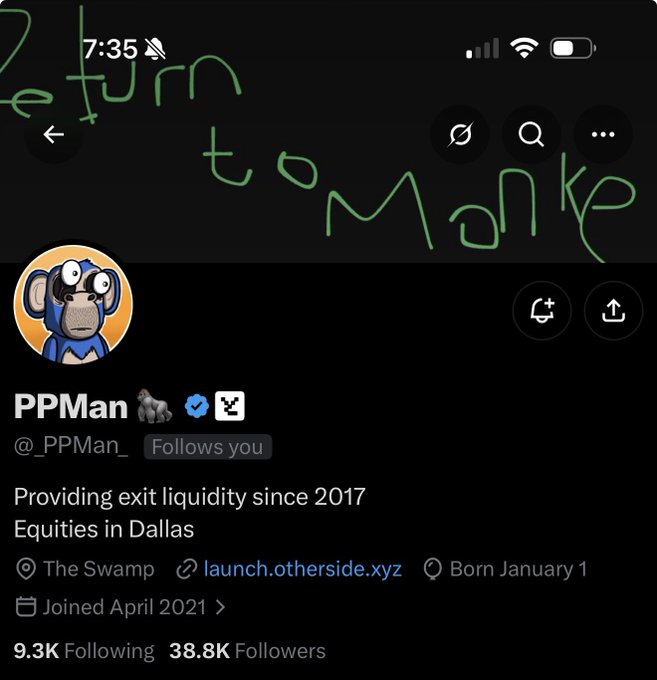 The image shows the Twitter/X profile page of PPMan (@_PPMan_), a verified account with a Bored Ape Yacht Club profile picture, 38.8K followers, and a bio reading "Providing exit liquidity since 2017, Equities in Dallas." The post celebrates getting a follow from this account, referencing their Bored Ape NFT affiliation.
