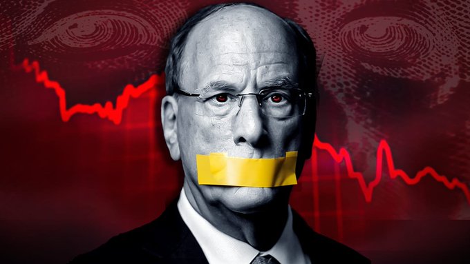 A bald man in a suit has yellow tape over his mouth, set against a red background featuring eyes and a declining stock chart, symbolizing suppressed news. The image represents a claim that BlackRock has sold off a significant Bitcoin holding worth $54.8 million.
