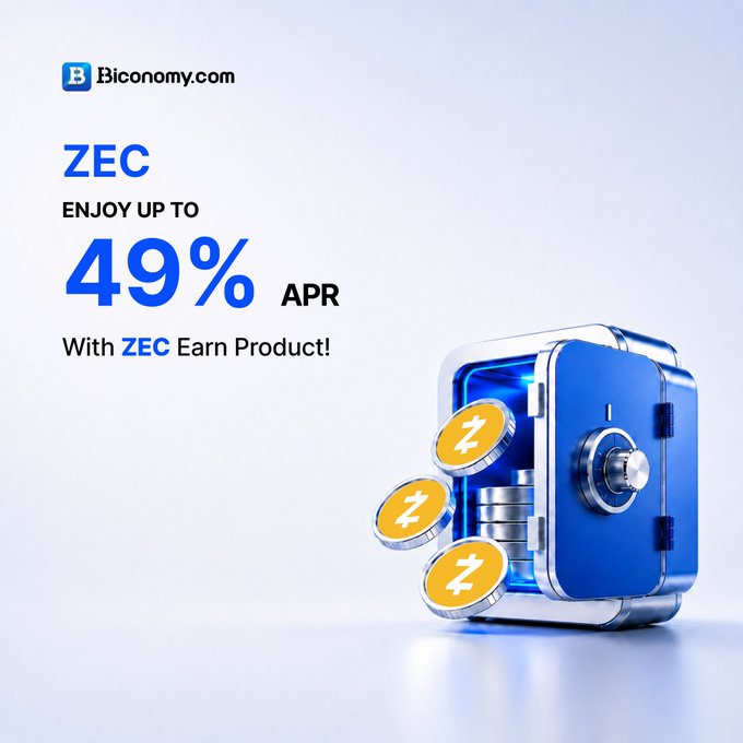 A promotional graphic for Biconomy.com advertises "ZEC ENJOY UP TO 49% APR With ZEC Earn Product!" alongside an illustration of an open blue safe containing gold Zcash (Z) coins.