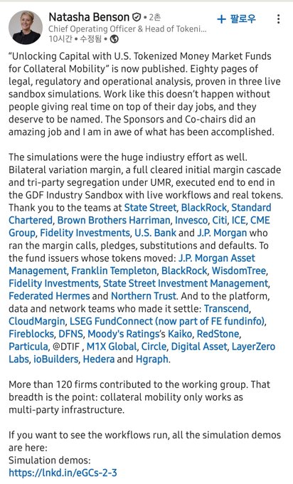 LinkedIn post by Natasha Benson (Chief Operating Officer & Head of Tokeni...) announcing the publication of "Unlocking Capital with U.S. Tokenized Money Market Funds for Collateral Mobility," highlighting industry collaboration with firms like State Street, BlackRock, JPMorgan, and over 120 contributing companies.