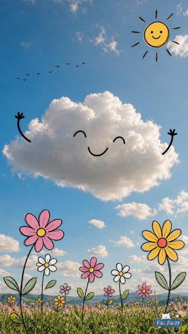 A whimsical illustration features a smiling sun and a happy cloud with stick arms raised cheerfully, surrounded by colorful cartoon flowers (pink, yellow, and white) in a grassy field with birds flying in the blue sky. The image matches the post's uplifting "gm đầu tuần" (good morning start of week) message, symbolizing fresh energy and positivity for a new week, with a small watermark reading "Kiki_Kiki29" in the bottom right corner.