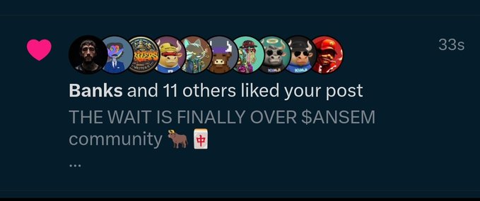 A social media notification shows that 'Banks and 11 others liked your post' reading 'THE WAIT IS FINALLY OVER $ANSEM community' with llama and Canadian flag emojis.