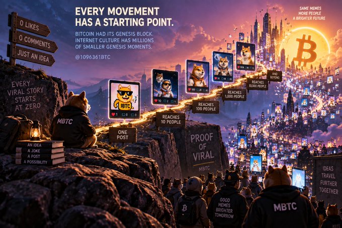 A promotional graphic featuring MBTC meme characters climbing toward a Bitcoin symbol, with text reading 'EVERY MOVEMENT HAS A STARTING POINT' and '@1096361BTC', depicting viral reach milestones from 'ONE POST' to '50,000 PEOPLE'.