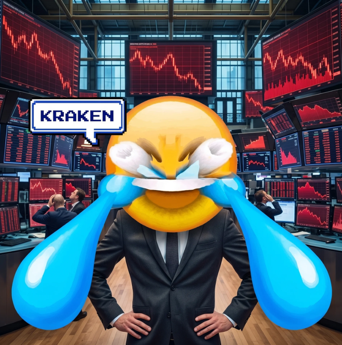 The image features a man dressed in a suit with blue tears streaming down his face as he stands in front of multiple monitors displaying stock market data. The caption reads "sir, pump fun just dumped another hundred thousand solana onto kraken." This suggests that the man is expressing frustration or disappointment about the current state of the stock market and possibly making a joke about it.