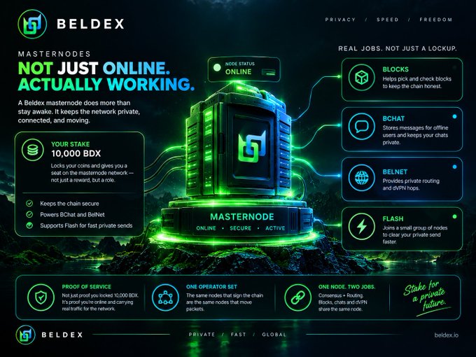 A promotional graphic for 'BELDEX' highlighting 'MASTERNODES NOT JUST ONLINE. ACTUALLY WORKING.' with a 10,000 BDX stake, listing real jobs like Blocks, BChat, BelNet, and Flash, branded 'PRIVATE / FAST / GLOBAL' at beldex.io.