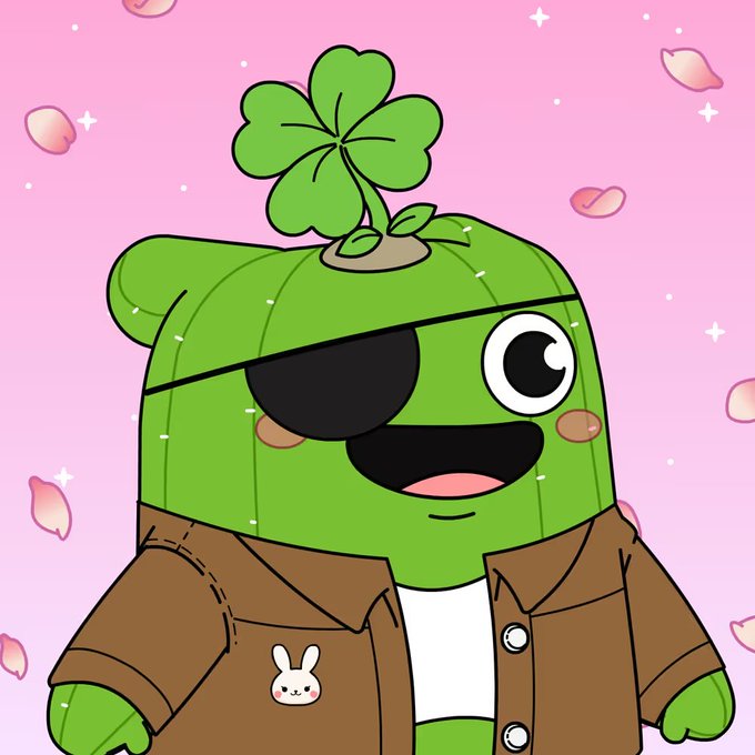 Cartoon illustration of a green cactus-like character wearing an eyepatch, brown jacket with a bunny pin, and a four-leaf clover sprouting from its head against a pink background with falling petals.
