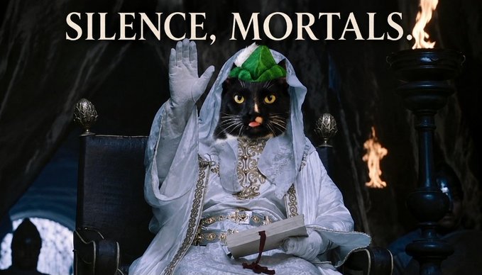 A humorous image featuring a black cat wearing white robes and a green hood, sitting on a throne with one paw raised, captioned 'SILENCE, MORTALS.'