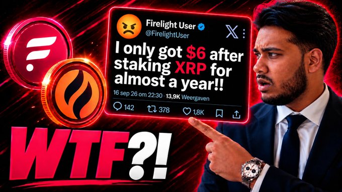 The image is a YouTube thumbnail featuring a man in a suit pointing angrily at a tweet from "Firelight User @FirelightUser" that reads, "I only got $6 after staking XRP for almost a year!!" The thumbnail includes Flare (FLR) and XRP coin logos, with bold "WTF?!" text, promoting a video about the disappointing returns from the newly launched Firelight platform for XRP holders.