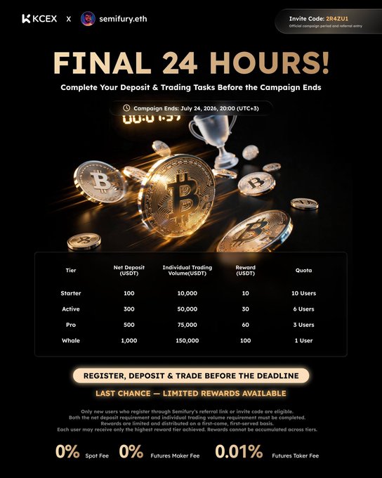 The image is a promotional graphic from KCEX and Semifury.eth announcing the final 24 hours of a campaign ending July 24, 2026 at 20:00 (UTC+3), featuring gold Bitcoin coins and a trophy. It details reward tiers ranging from 10 USDT (Starter) to 100 USDT (Whale) based on deposit and trading volume requirements, along with 0% spot and futures maker fees, which aligns with the post emphasizing the limited-time opportunity to claim rewards.
