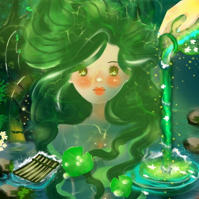 A digital fantasy illustration depicts an anime-style character with flowing green hair and rosy cheeks, surrounded by magical lily pads, glowing lights, and a waterfall.