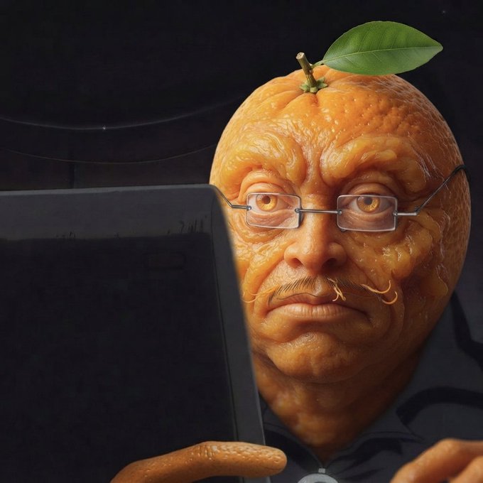 An anthropomorphic orange wearing glasses and a mustache stares intensely at a laptop screen, appearing as a weathered, dedicated trader. The image embodies the post's message about real conviction holders who remain steadfast through market downturns, with the fruit character representing the resilient "$Udin cult" that stays grinding through red candles while tourists flee.