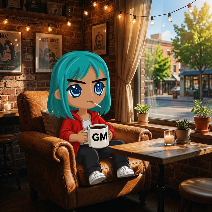 An anime-style chibi character with teal hair, wearing a red hoodie, sits in a brown armchair holding a mug labeled "GM" with a cigarette in its mouth.