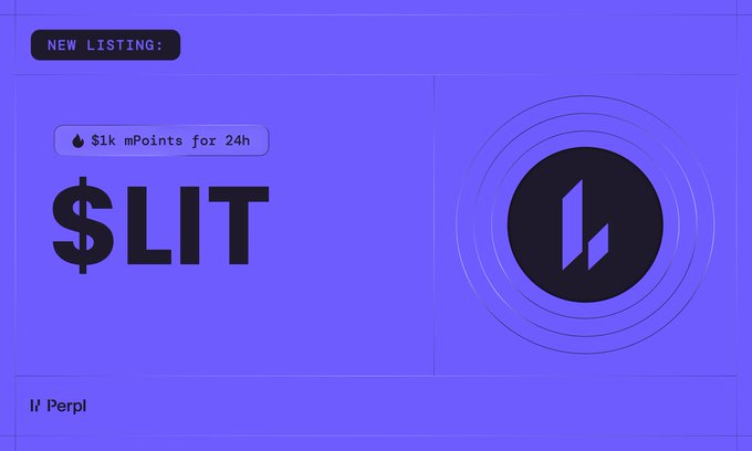 A new listing announcement for '$LIT' token on 'l! Perpl' platform, offering '$1k mPoints for 24h' with a blue logo.
