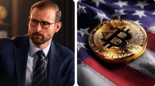 A split image showing a man in glasses and a suit on the left, and a gold Bitcoin coin resting on an American flag on the right.