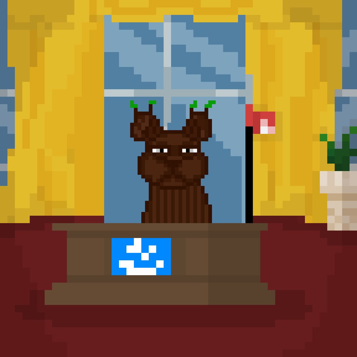 The image features a cartoon bear sitting at a desk, which appears to be part of an office setting. The bear has a sad expression as if it's contemplating something or feeling down. There are two potted plants in the room - one on the left side and another on the right side near the window. A chair is also present in front of the desk where the bear sits, adding to the overall scene.