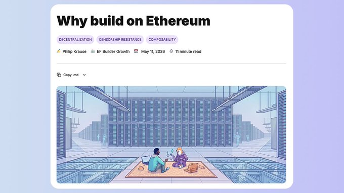 A blog preview titled "Why build on Ethereum" by Philip Krause (May 11, 2026) highlights themes of decentralization, censorship resistance, and composability, featuring an illustration of two people with laptops amid server racks—visually representing the resilient, tamper-proof infrastructure that backs unstoppable software on Ethereum.