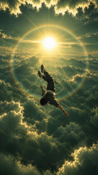 A surreal digital artwork of a person falling upside down through clouds toward a bright sun, with a rainbow halo encircling the light.