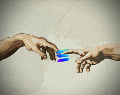 An illustration recreating Michelangelo's Creation of Adam, with two hands reaching toward each other to create the Bitcoin logo.