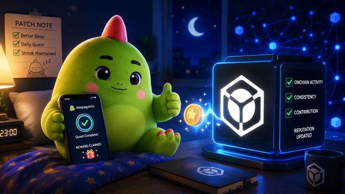 The same green dinosaur mascot giving a thumbs up next to a 'Quest Complete! REWARD CLAIMED' phone screen, with a glowing BNB/cube icon labeled 'ONCHAIN ACTIVITY', 'CONSISTENCY', and 'CONTRIBUTION' indicating REPUTATION UPDATED.