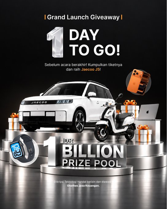 A promotional advertisement for a 'Grand Launch Giveaway' featuring a white Jaecoo J5 car and scooter, with text announcing '1 BILLION IDR PRIZE POOL' and '1 DAY TO GO!' alongside prizes including phones, laptops, and Apple Watches.