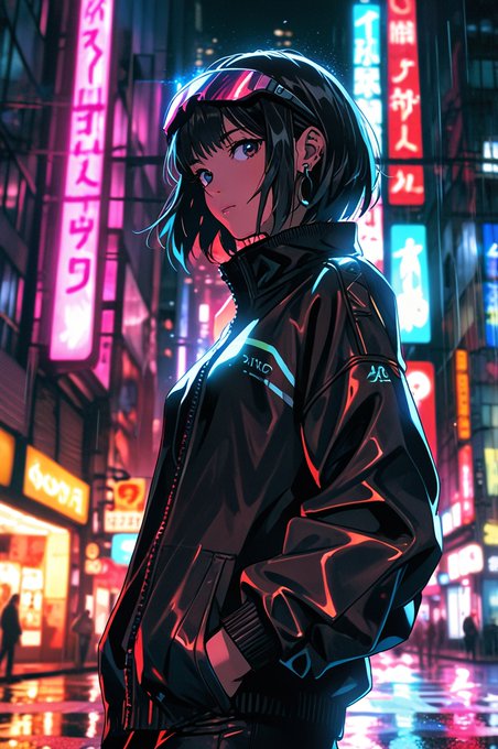 An anime-style illustration of a young woman with short black hair wearing a black leather jacket and goggles on her head, standing in a neon-lit city street.