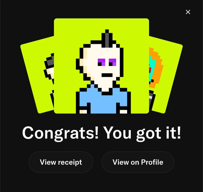 A digital graphic with a pixel-art character on green backgrounds reads 'Congrats! You got it!' with buttons to 'View receipt' and 'View on Profile.'