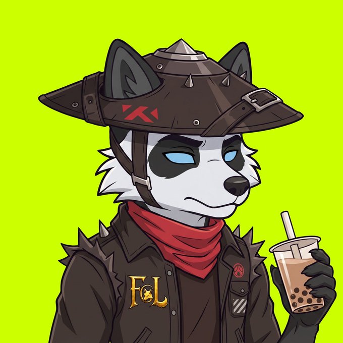 An anthropomorphic fox character with black and white fur wears a spiked brown wide-brimmed hat and a leather jacket labeled "FoL," holding a cup of bubble tea against a bright green background.

The image ties into the "foxesofloxley" NFT project celebrating a 1/1 milestone, showcasing the collection's signature cyberpunk-styled fox mascot in its characteristic studded, edgy aesthetic.