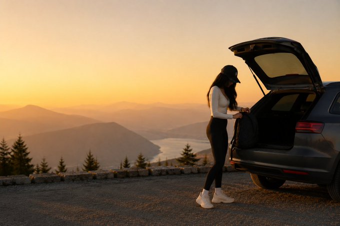 A woman retrieves a backpack from her car's open trunk at a scenic overlook during golden hour, with rolling mountains and a sunset sky in the background. The image captures a moment of stepping away from routine, aligning with the message of taking a break to prepare for what's ahead.
