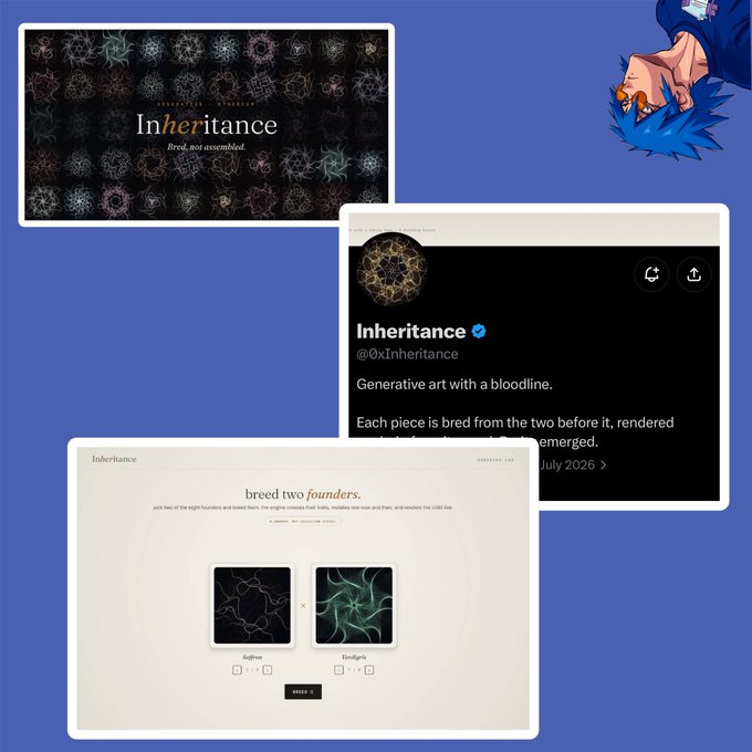 A collage on a blue background shows promotional materials for an art project called 'Inheritance,' featuring abstract digital designs and the text 'Generative art with a bloodline,' along with screenshots of a Twitter/X account (@0xInheritance) and a website interface for 'breeding two founders'.