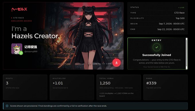 A dashboard for a GTD Race event titled 'I'm a Hazels Creator' with user @qiangning888 (记得要强), showing status details including 'Successfully Joined', with metrics for Posts (3), Multiplier (×1.01), Total VORAI (1,250), and Bank (#339).