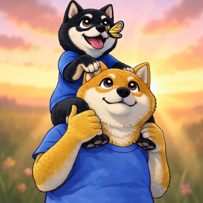 A colorful illustration shows two Shiba Inu dogs; a smaller black and tan puppy with a butterfly on its nose sits on the shoulders of a larger orange and white Shiba Inu wearing a blue shirt, set against a sunset landscape.