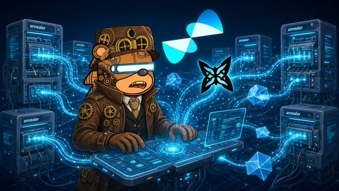 A steampunk-themed illustration shows a bear-like figure operating a glowing holographic control panel, with server racks labeled 'annealer' in the background and logos for Sui and Render visible.