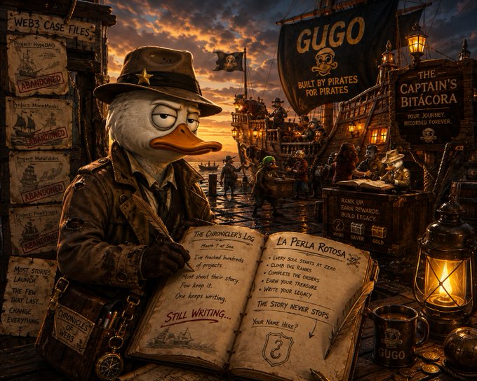 A detailed digital illustration featuring a duck dressed as a detective wearing a hat, writing in a logbook titled 'La Perla Rotosa' with pirate-themed posters like 'GUGO' and 'THE CAPTAIN'S BITACORA' in a harbor setting.