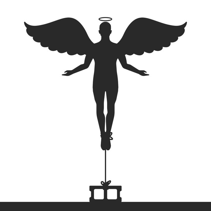A black silhouette illustration of an angel with a halo, wings spread, standing atop a gift box with a ribbon on a white background.